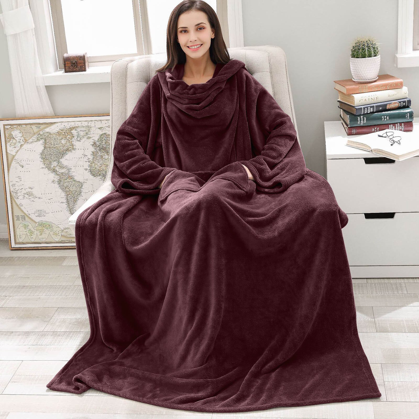 Winter Pocket Hooded Blankets Adult Warm Hoodie Robe Bathrobe Pullover Tv Sofa Fluffy Fleece Blanket Sweatshirt With Sleeves