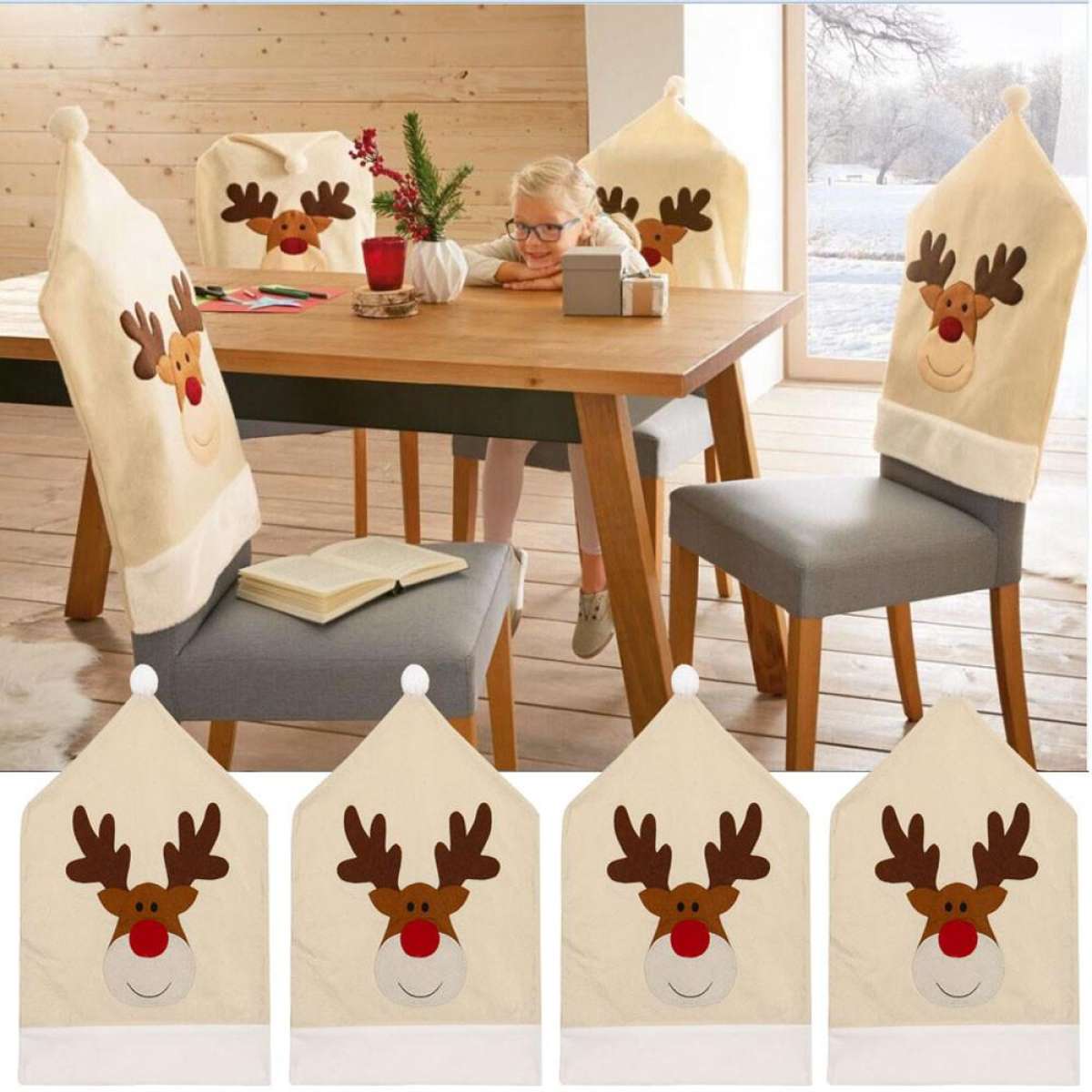 4 kpl jouluhattu tuolin päällinen joulupukki peura hirvi ruokapöydän tuolinpäälliset keittiöön ruokapöytä ruokapöytä joulukoristeita: Hirvi (beige) / 4 kpl