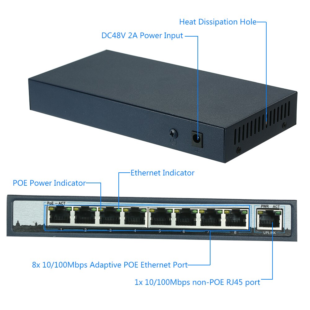 8 port 100 mbps ieee 802.3af/ ved poe switch power over ethernet til trådløs ap og ip kamera