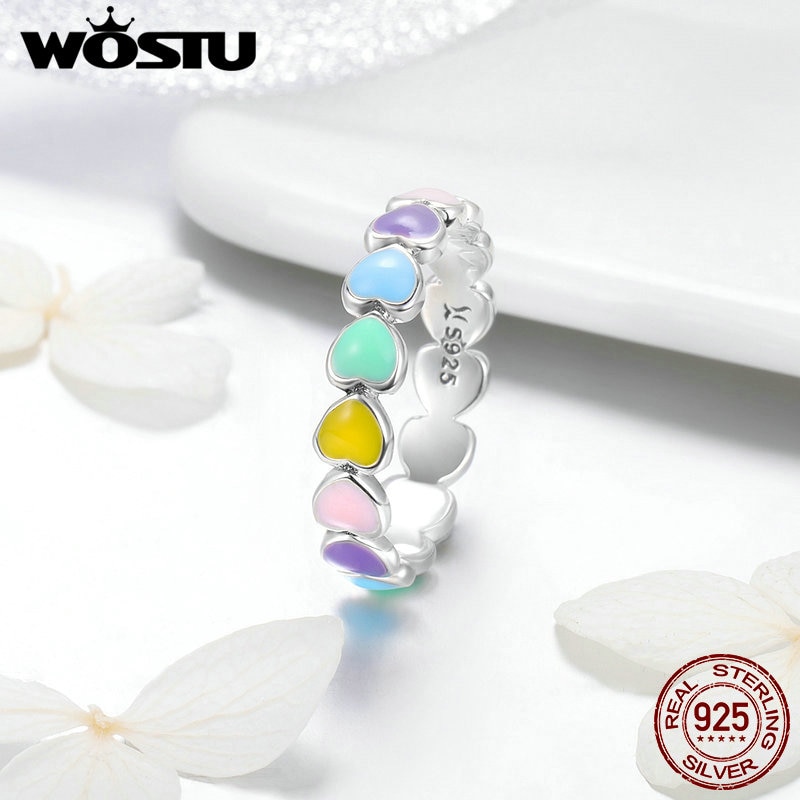 WOSTU 925 Sterling Silver Multi-Color Rainbow Heart Finger Rings For Women Anniversary Ring Jewelry CQR444
