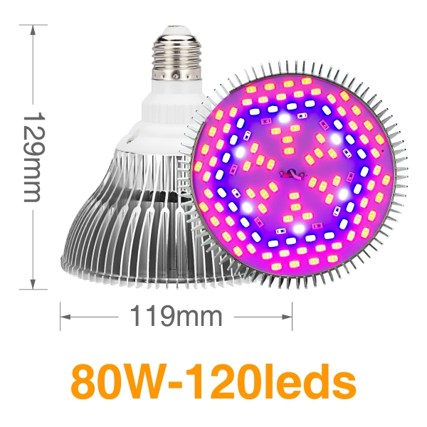 E27 ledede voksende pærer 80w 50w 30w 10w 5w ac85-265v fullspektrum 380-780nm til innendørs drivhusplanter blomsteroppdrett: 80w