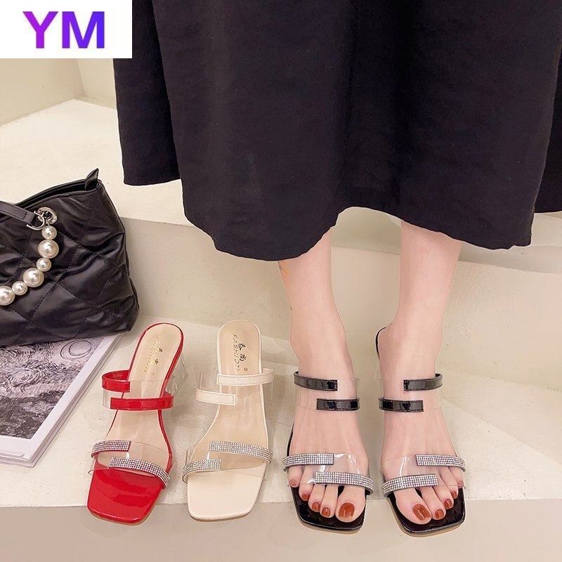 Red PVC Jelly Crystal Sandals Open Toed High Heels Women Transparent Heel Sandals Square Heel Zapatos Sandals Women