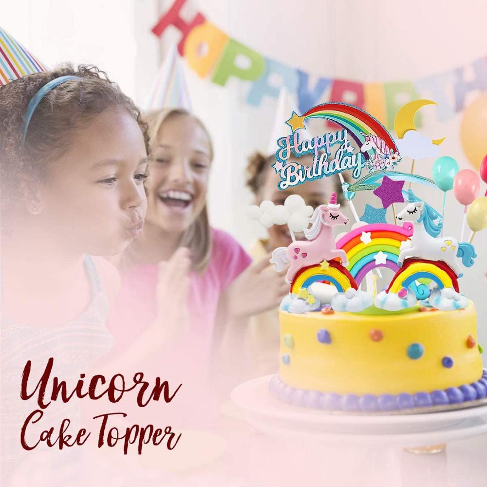 Yksisarvinen kakkukakku sateenkaari yksisarvinen hyvää syntymäpäivää kakku koristelu hyvää syntymäpäivää kaatopaikka pilvi ilmapallot kuu tähdet cupcake topp