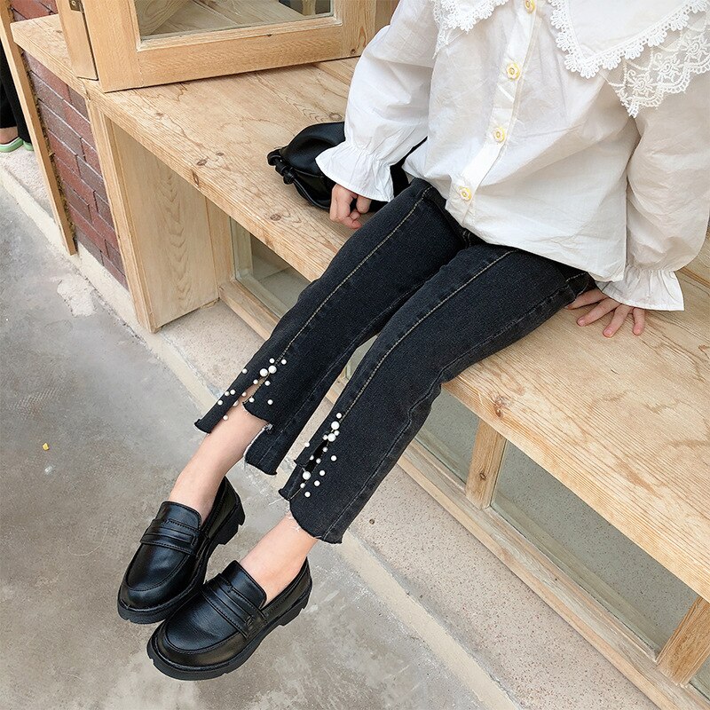 Herfst Meisjes Mode Kralen Boot Cut Jeans Alle-Match Split Jeans Casual Bell Bodem Denim Broek