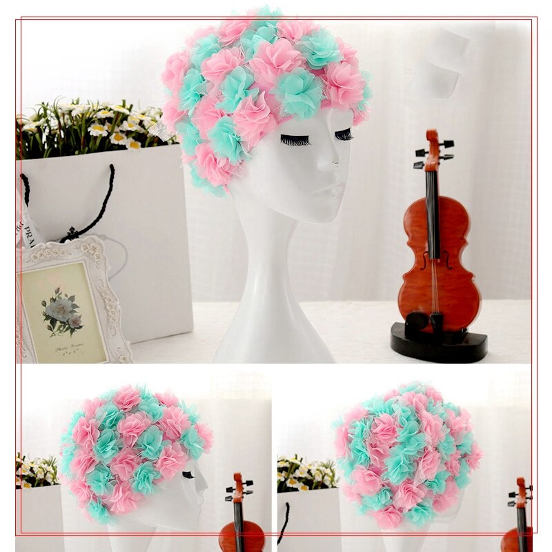 Gorros de baño con de flores para mujer, gorro de baño con de pétalos, ideal para deportes acuáticos al aire libre, para piscina