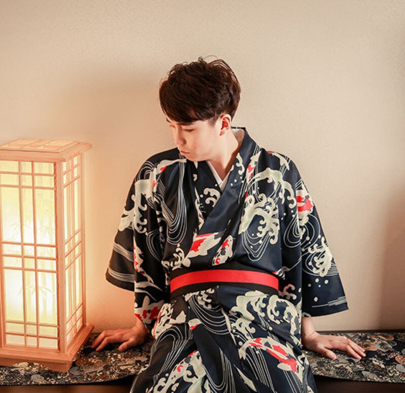 Summer Male Koi Fish Wave Kimono with obi Festival Traditional Bathrobe Dress Cosplay Samurai Kimono Costumes DH053