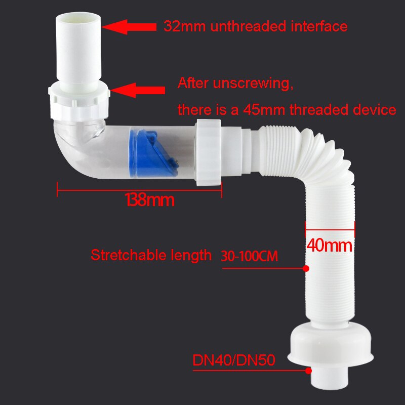 ABS Drain Hose Washbasin Corrugated Curved Pipe Bathroom Expandable Flexible Drain Tube Kitchen Sink Sewer Deodorant Accessories: 32MM   45MM