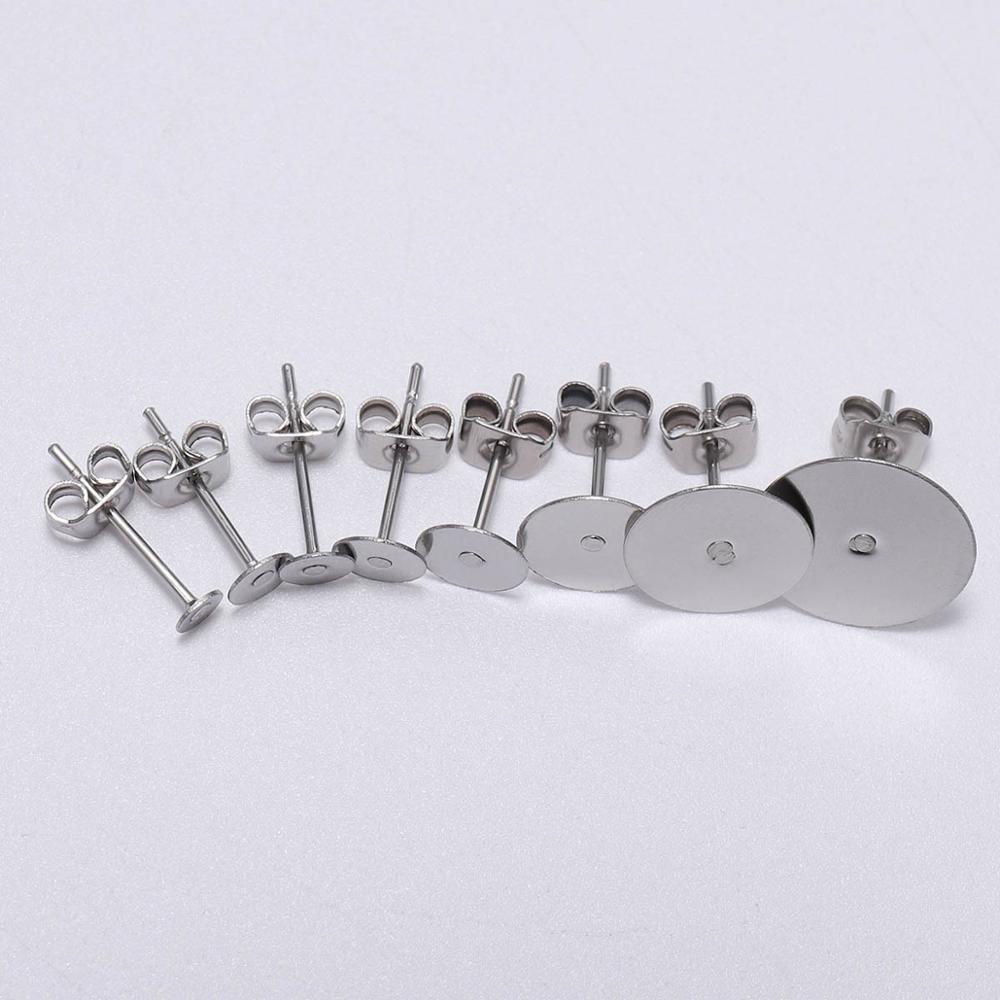 Lote de pendientes de poste de acero inoxidable blanco, 100 unidades, pasadores de Base con tapón para pendientes, reverso de oreja para joyería DIY, soporte de cabujón