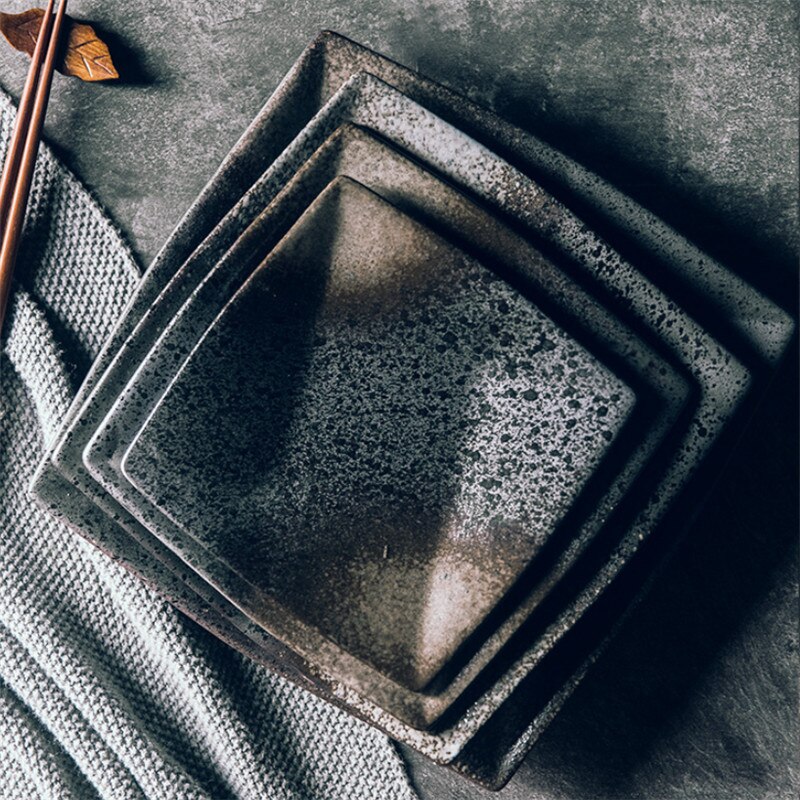 Minimalist Japanese Style Square Black Dish Dessert Plate Ceramic Steak Sushi Plate Restaurant Hotel Home Kitchen Tableware