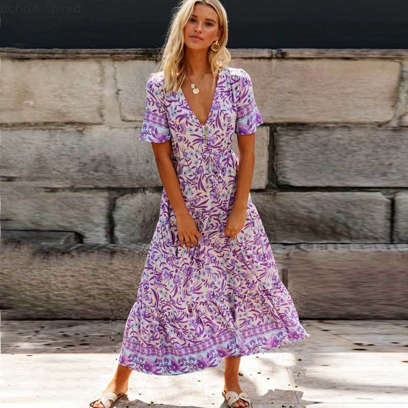 Boho inspirert lilla floral maxi kjole v-hals rayon lilla boho kjole uformell vårsommer kjole til kvinner elegant lang kjole