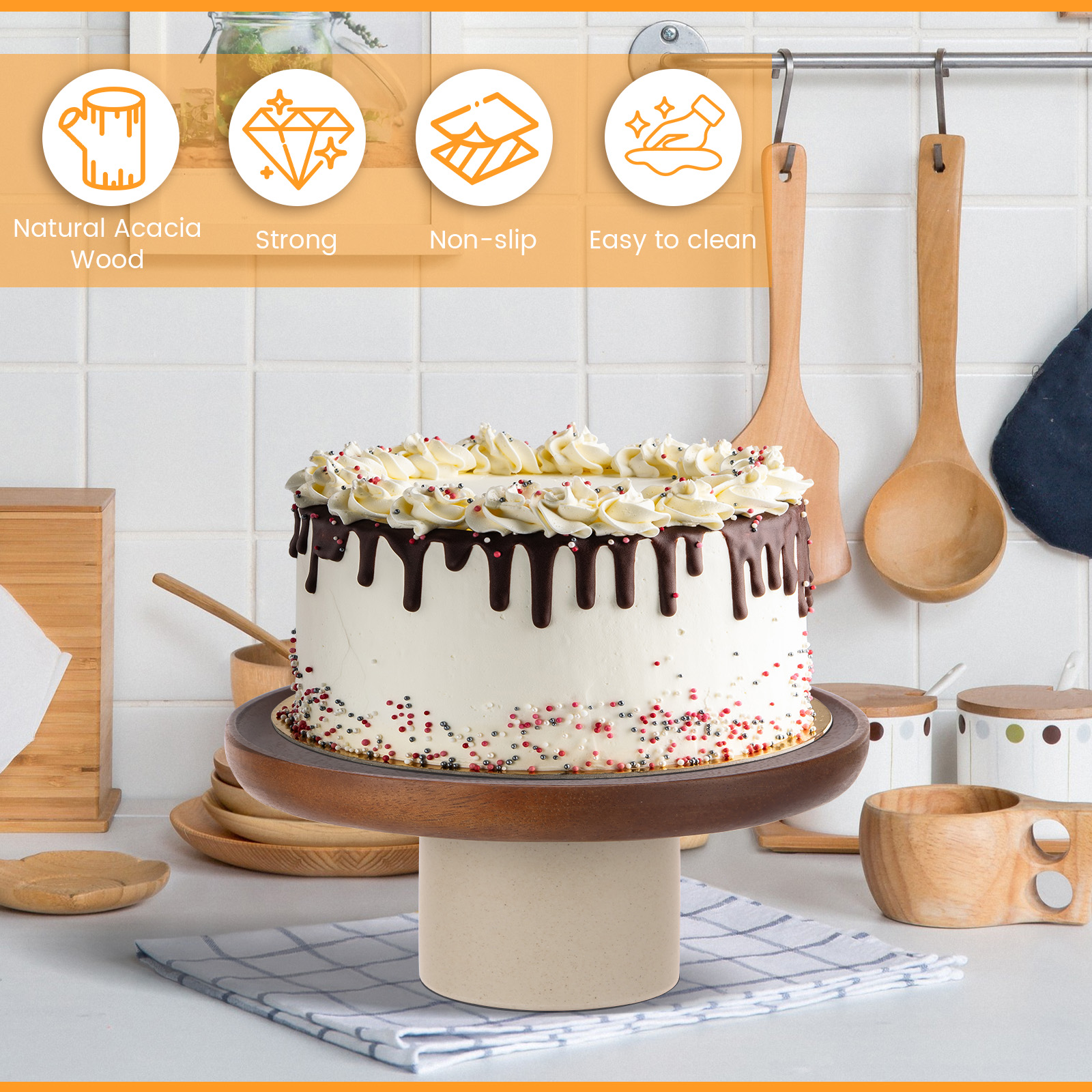 Drewniany stojak na tort w stylu klasyczny, 21,5 cm, na wysokich nóżkach, robić domu, na przyjęcie urodzinowe, dekoracja na ladę kuchenną.