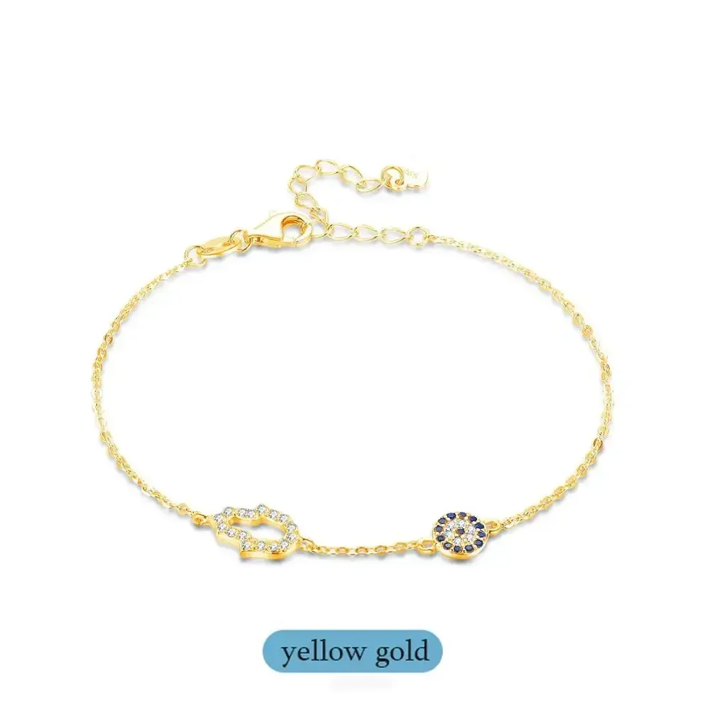 TONGZHE – Bracelet main mauvais œil Hamsa en argent Sterling 925 pour femme, bijoux turcs, bleu porte-bonheur: 18K Gold Color