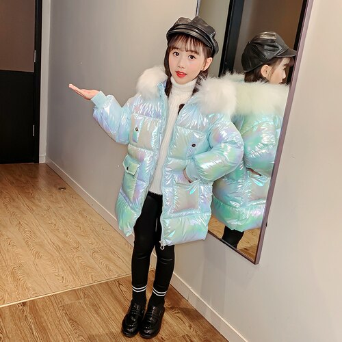 Chaqueta acolchada de plumón brillante para niña, abrigos de algodón sin lavado, ropa de invierno de longitud media, novedad: Blue / 9T 150CM