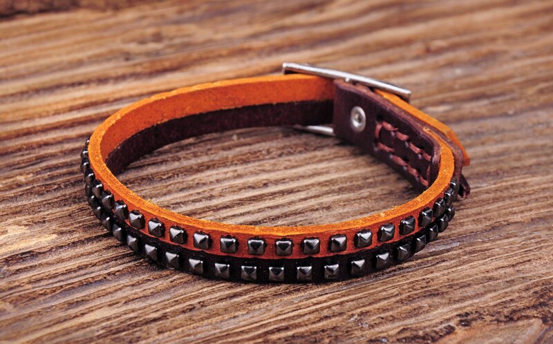 G553 Brown Rock Cool Chic Studded Single Wrap Leather Bracelet Wristband