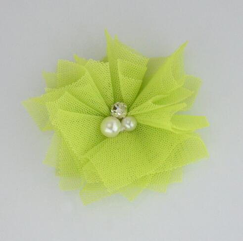 10 stks/partij 2.5 ''Mini Tulle Mesh Bloemen Met Strass Pearl Center Poof Bloemen Hoofdband Haar Accessoires: 10 green