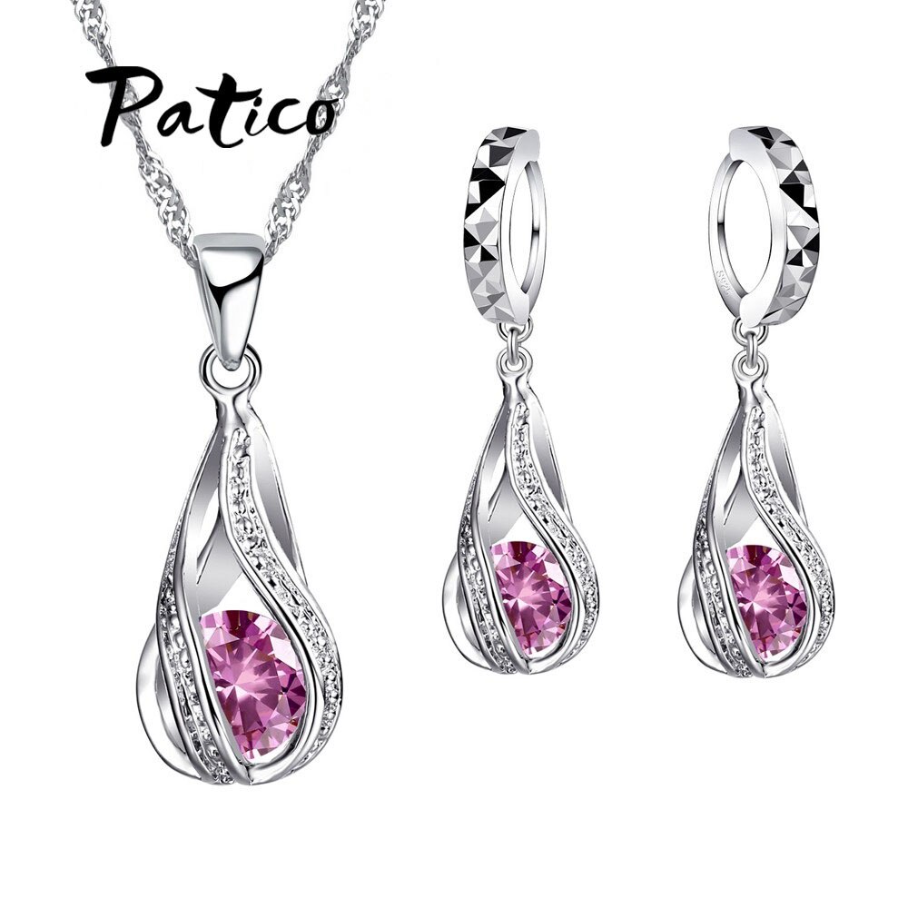 S925 Sterling Zilveren Sieraden Sets Voor Bruiloft Engagement Aaaa + Cz Zirconia Hanger Loops Hoepel Oorbellen Ketting Set: Pink