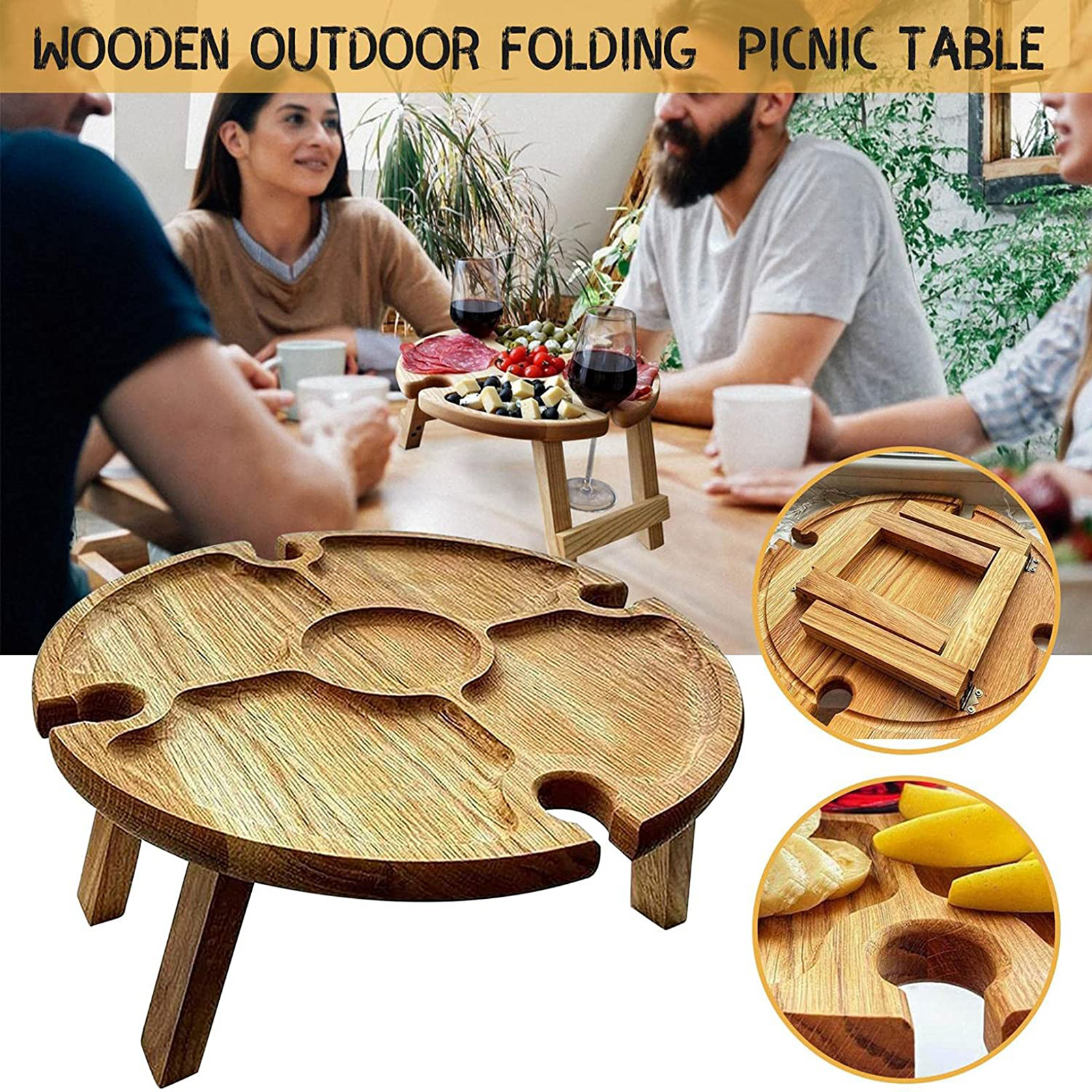 Wooden Outdoor Folding Picnic Table with Glass Holder, Outdoor Portable Picnic Table, 2in1 Wine Glass Rack &amp; Compartmental Dish