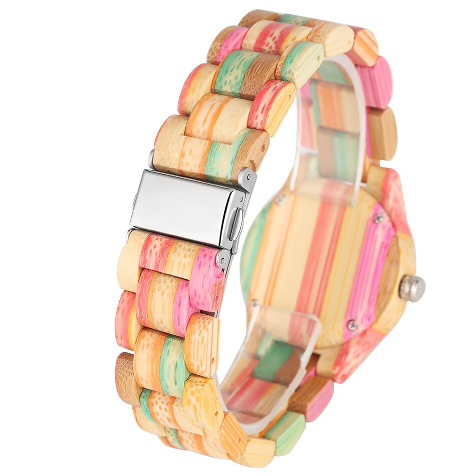 Reloj de madera de bambú multicolor para mujer, cuarzo, pulsera de madera completa para mujer, cierre plegable, reloj de madera para mujer