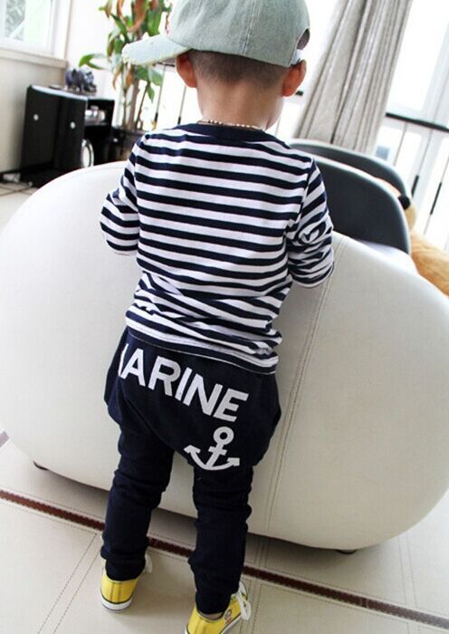 Marine Navy Sailor Boys Tracksuits 100% Cotton Children's T-Shirts Trousers Sets Stripe Boy Sweatshirts Pant Suit