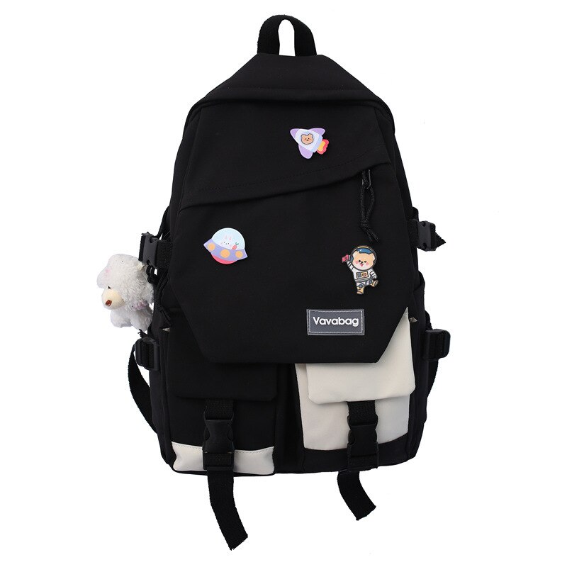 Schoolbag Female High School Students Cute Large-capacity Girl Vintage Backpack With Pendant: Black