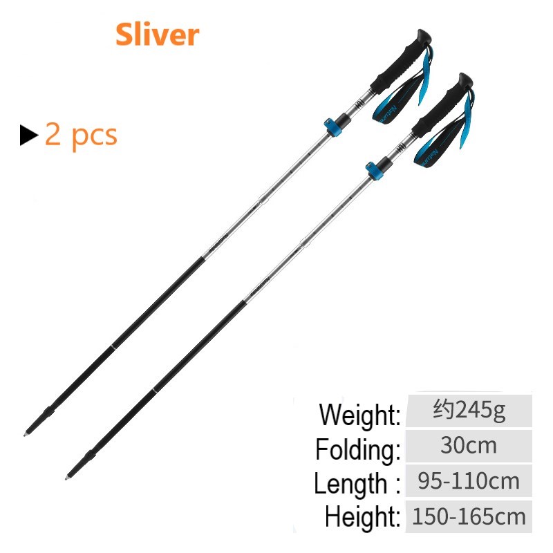 Outdoor Ultra-Light Trekking Hiking Pole Folding Trekking Pole Running Walking Sticks 7075 Aluminum Alloy Pole: 2 pcs sliver