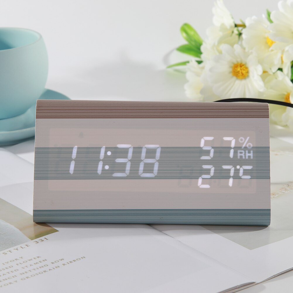 Wooden Digital LED Alarm Clock Adjustable Sound Control Temperature Humidity Table Watch Home Bedroom Desktop Decor