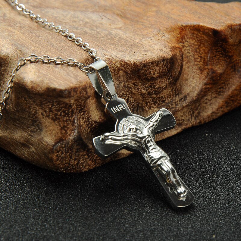 316L Stainless Steel INRI Jesus Cross Crucifix Pendant Necklace For Men Women Religious Jewelry: silver color