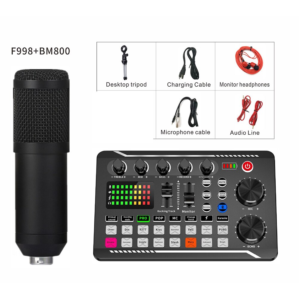 F998 Sound Card Microphone Mixer Kit 16 Sound Effects Audio Recording Sound Mixer Audio Mixing Console Amplifier for Phone PC
