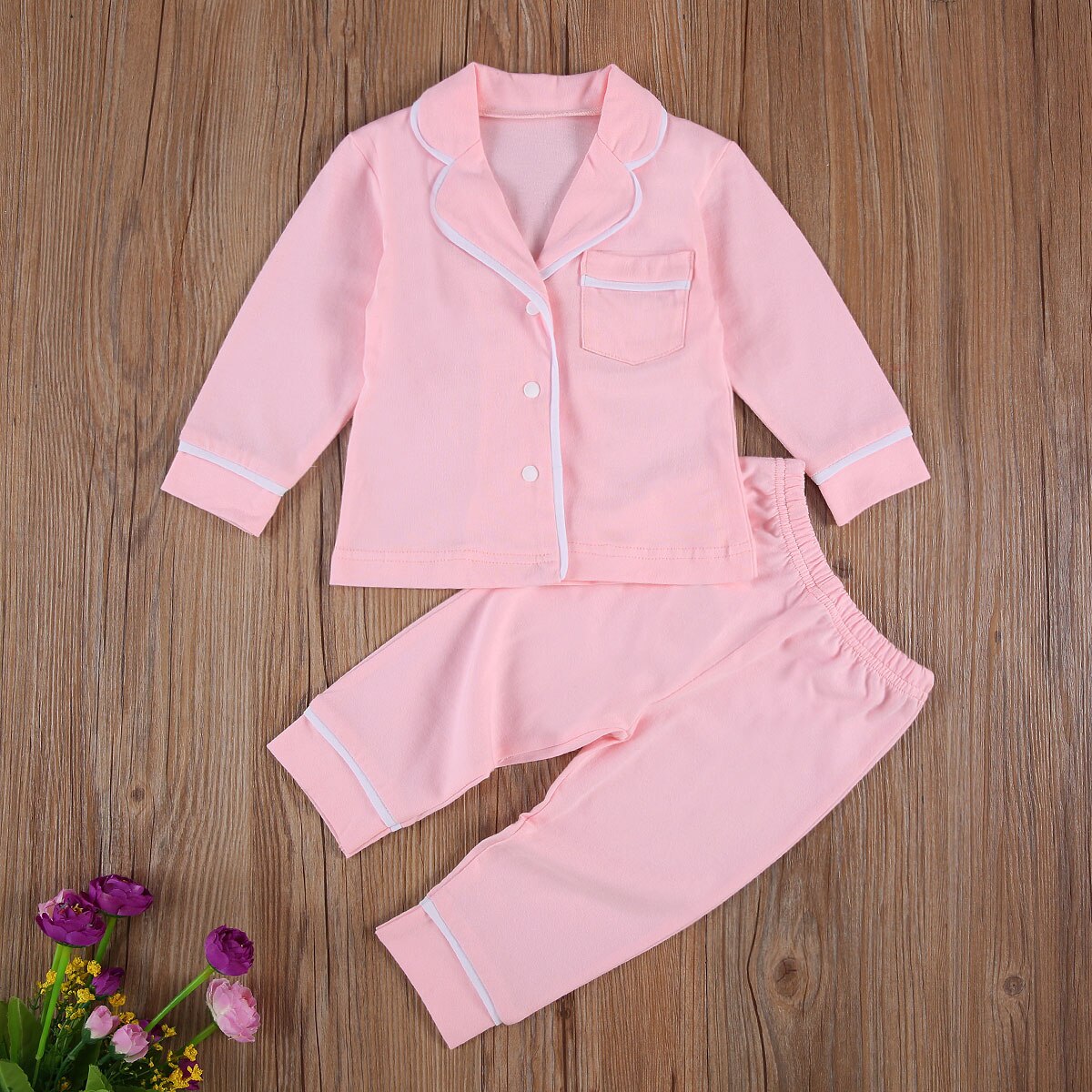 2- delige pyjamaset voor peuters, meisjes, jongens, lange mouwen, revers, knopen, overhemd, top en broek, katoenen casual, huiskleding, nachtkleding, nachtkleding