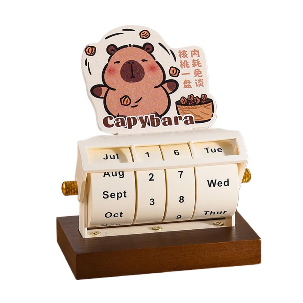 Rotary Perpetual Calendar Wood Decor Tabletop Capybara Calendar Wheeling Calendar Month Week Day Date Display For Home Office: Red