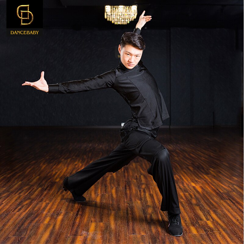 Mænds latin dansetøj mænds langærmet latin skjorte: Sort / Xl