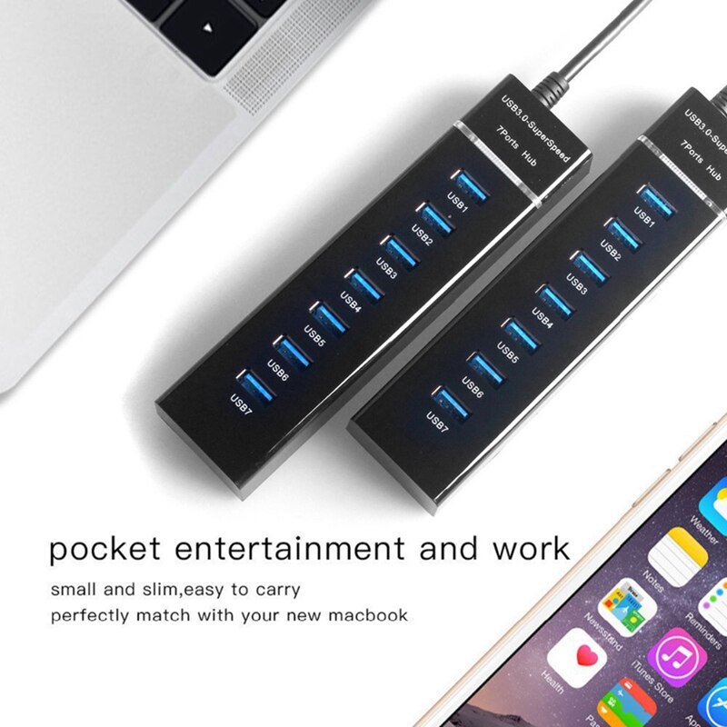 USB Hub, 7 Port USB 3.0 Hub LED Portable High-Speed Compatible for Air, Mac Mini/Pro, Surface Pro, PC and Laptop