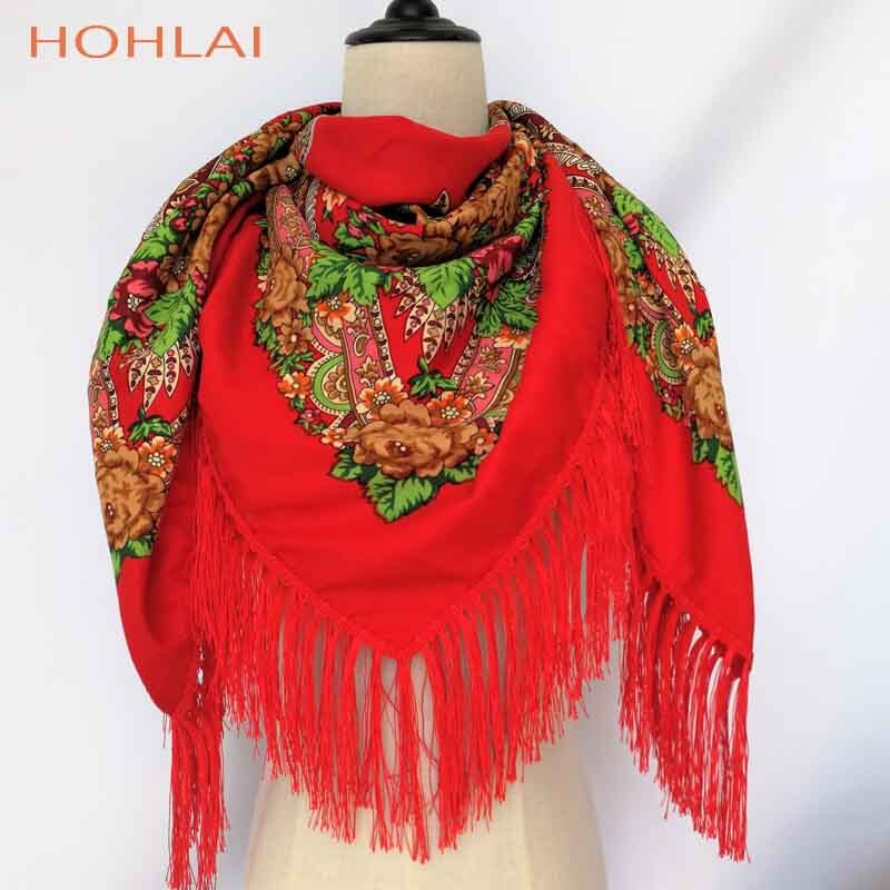 Vrouwen hart bedrukte kwast sjaals, russische grote maten bandana, warme poncho, stola sjaal: Rood