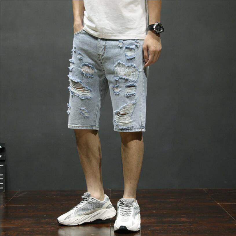Men Light Blue Denim Shorts Holes Shorts Jeans Good Men Cotton Slim Fit Casual Jeans Shorts Large Size Straight Jeans 42
