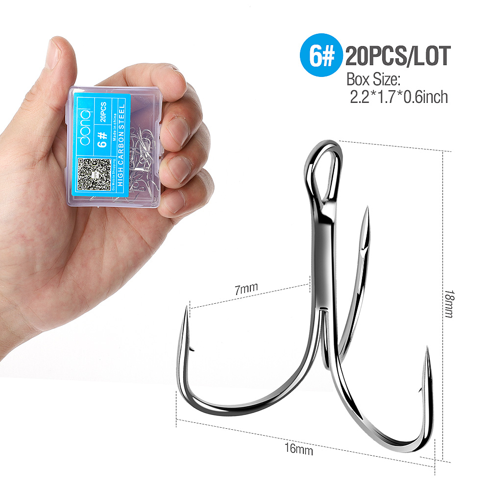 DONQL 20pcs/Box Treble Fishing Hooks Carbon Steel Barbed Fishhooks Set Triple Hooks Sea Fishing Tackle Accessories For Lures: Size 6