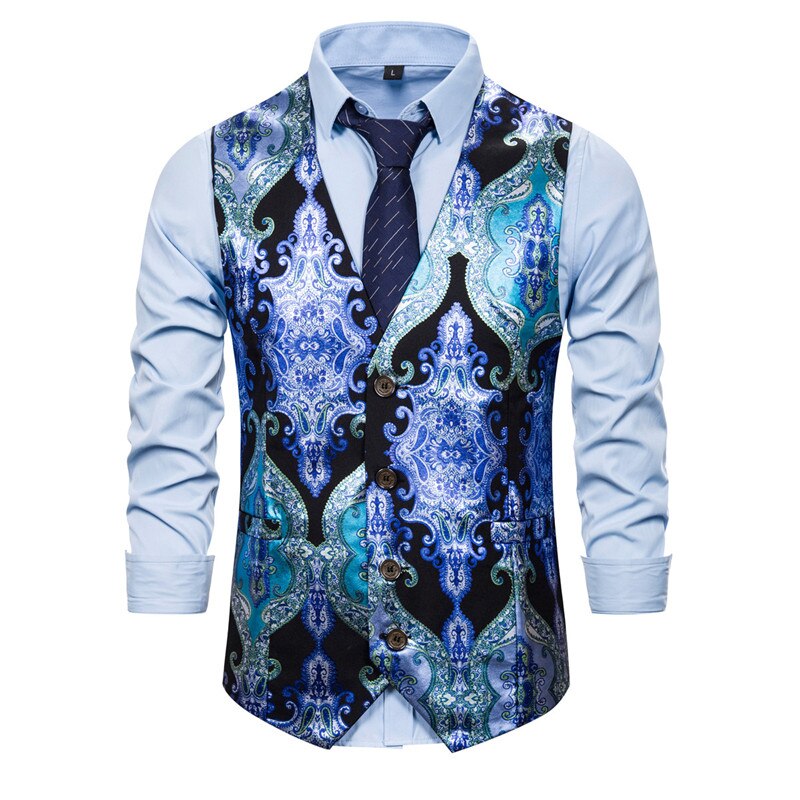 Steampunk Men Suit Waistcoat Luxury Brand Palace Style Floral Print Night Club Prom Slim Wedding Vest