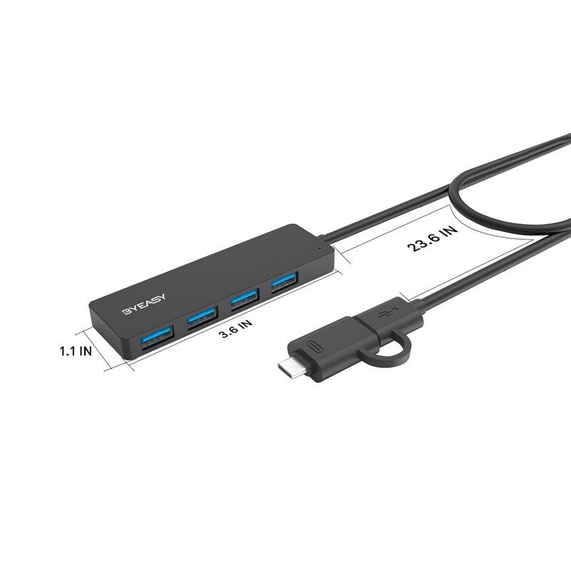 -BYEASY UH-109D USB Hub USB C Hub to USB 3.0 Hub with 4 Ports and 2 Ft Extended Cable Ultra Slim Portable USB Splitter