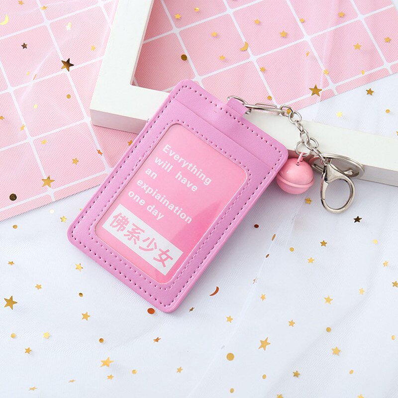 Pink Girl ID Card Holder PU Wallet With Small Bell Student Bus Card Set Cover Women Holder Bags Travel Accessories