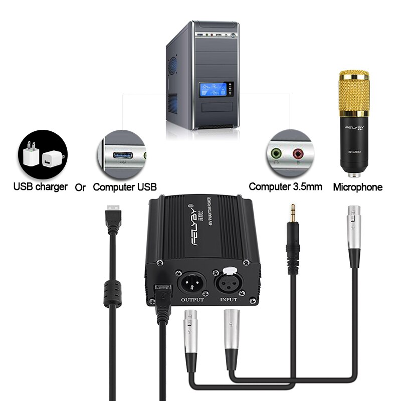 ! 48V Phantom Power + USB Power Cable + XLR-XLR Cables for any condenser microphone for better microphone sound .