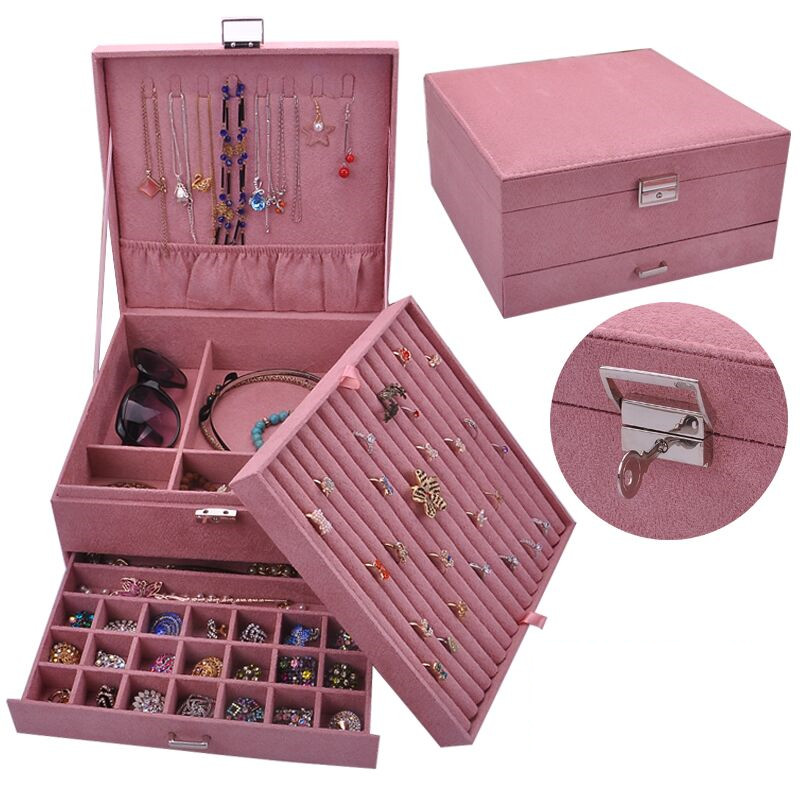 Style Luxury Jewelry Boxes 3 Layers With Lock Large Space Organizer For Ring And Necklace Velvet Jewelry Holder 4 Color