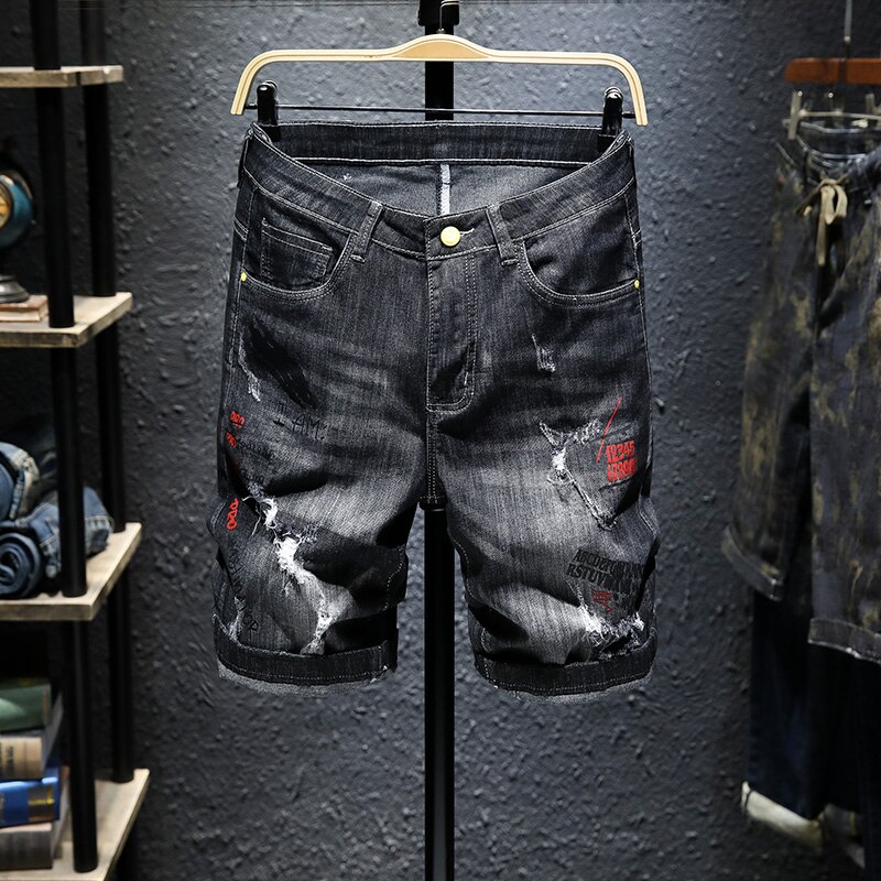 Mænd sommer denim shorts knælang vaskede cool jeans shorts sort hul afslappet mænd jeans shorts: 32