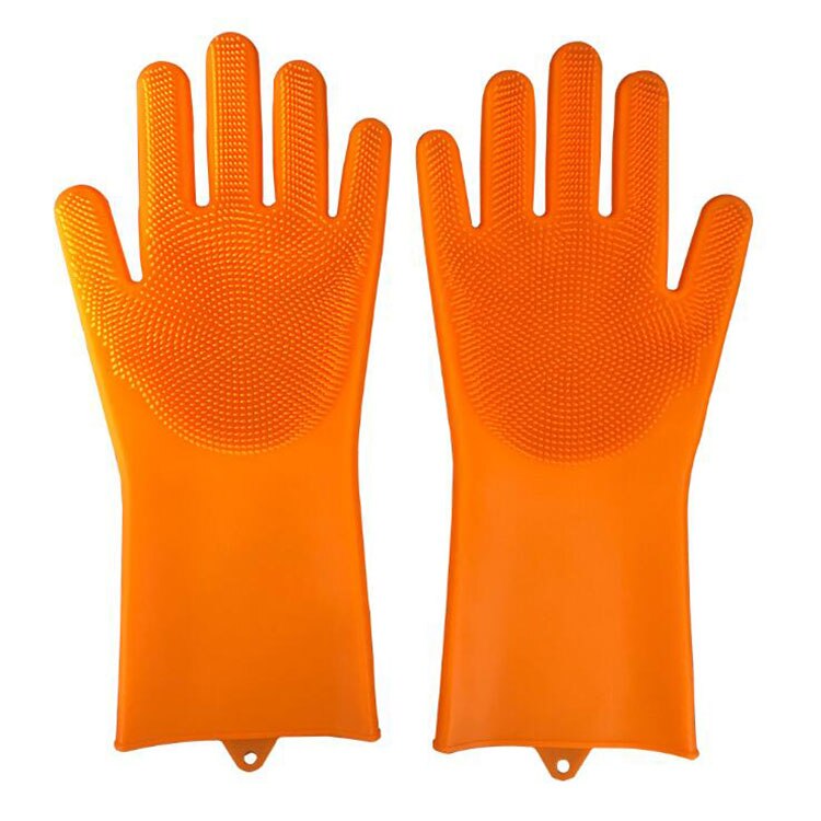 1 par kæledyr silikone rengøringshandsker hund kat bad rengøring børste handsker skrubber gummi køkken rent værktøj: Orange