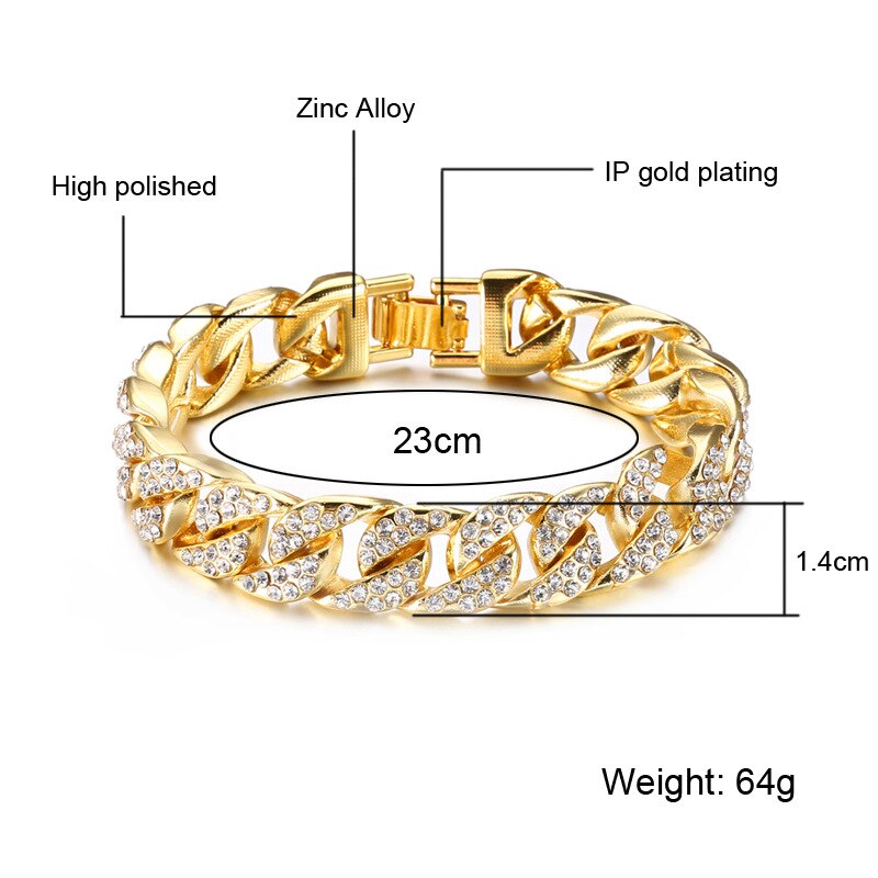 AGLOVER 14mm Hip Hop Miami Curb Cuban Bracelet Golden Iced Out Rhinestones Rapper Silver Colour Gold Bracelets For Men Jewelry