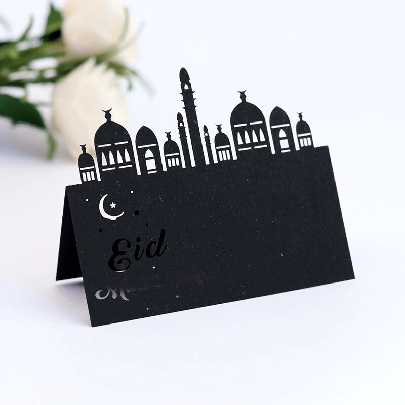 10pcs Ramadan Mubarak Muslim Name Place Card Ramadan Postcards Hollow Out Lace Table Eid Party Table Festival Decorations