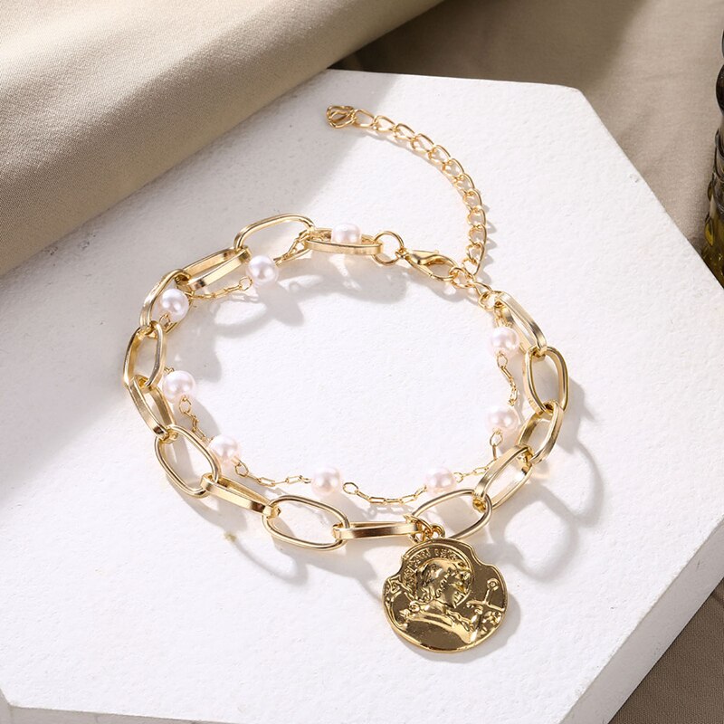 DAXI Boho Braccialetti D'oro per Le Donne Della Perla di Modo punk Della Catena Del Braccialetto Delle Donne Accessori Dei Monili per Le Donne del Regalo Del Braccialetto Pendenti E Ciondoli: IFS001818-2