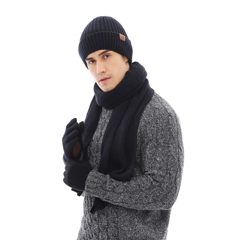 Lamaxpa solidt tyk mand tørklæde, hat & handsker sæt 3 stk stribet strikket vinter varm beanis wrap