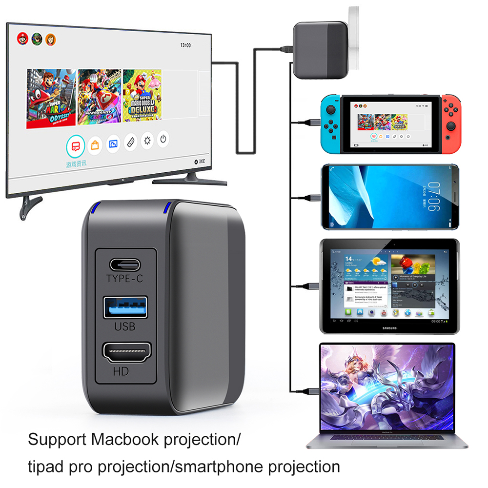 65w multifunktionale 3.0- usb-ladestationen mit typ-c-pc-adapter und hd-tv-konverter für nintendo switch, smartphones und ipads