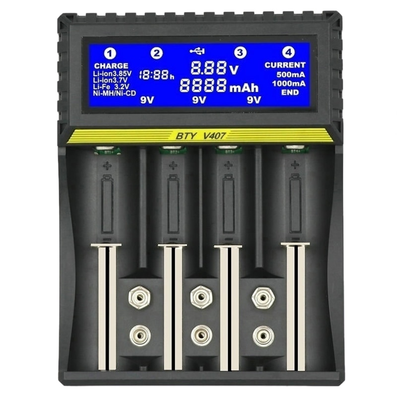 Bty -v407 batterijlader li-ion li-fe ni-mh ni-cd slimme snellader voor 18650 26650 6 f 22 9v aa aaa 16340 14500 batterijlader: Default Title