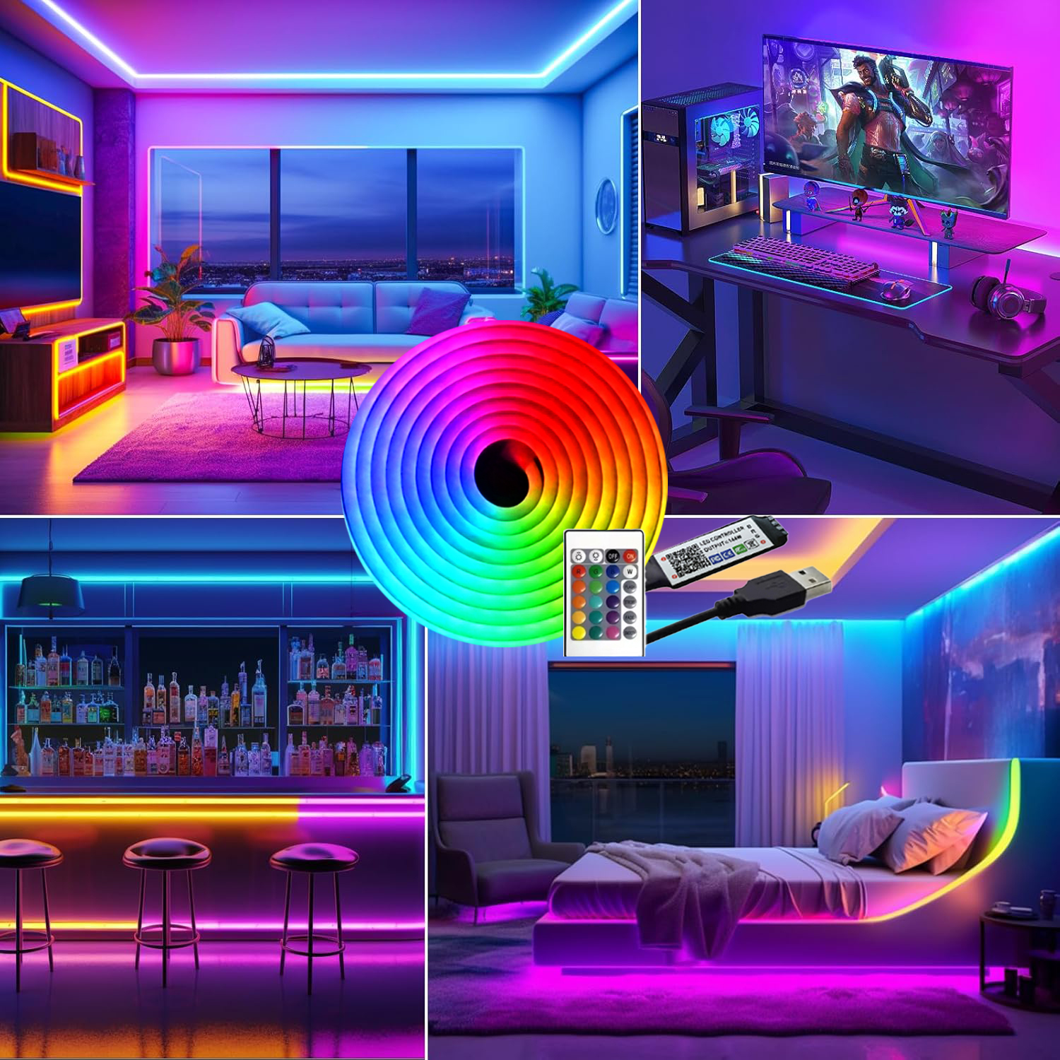 LED neon belt, flexible waterproof lighting, RGB dimming with application and remote control, built-in microphone voice control
