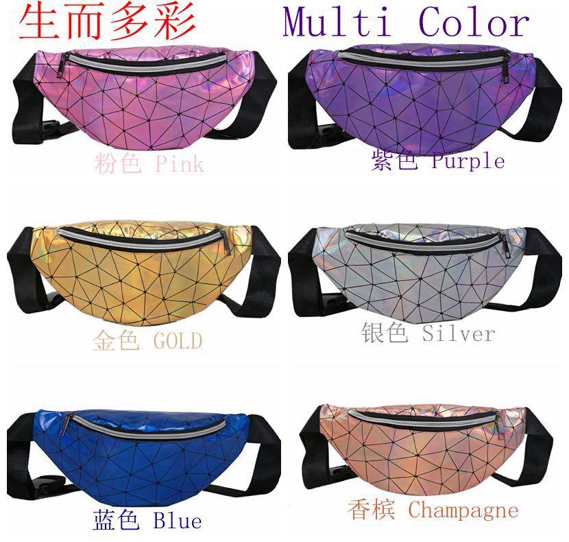 ZFF&WGM Holographic Fanny Pack For Women Ladies Hologram Waist Bag Black Geometric Waist Pack Leather Chest Bag Hip Pouch